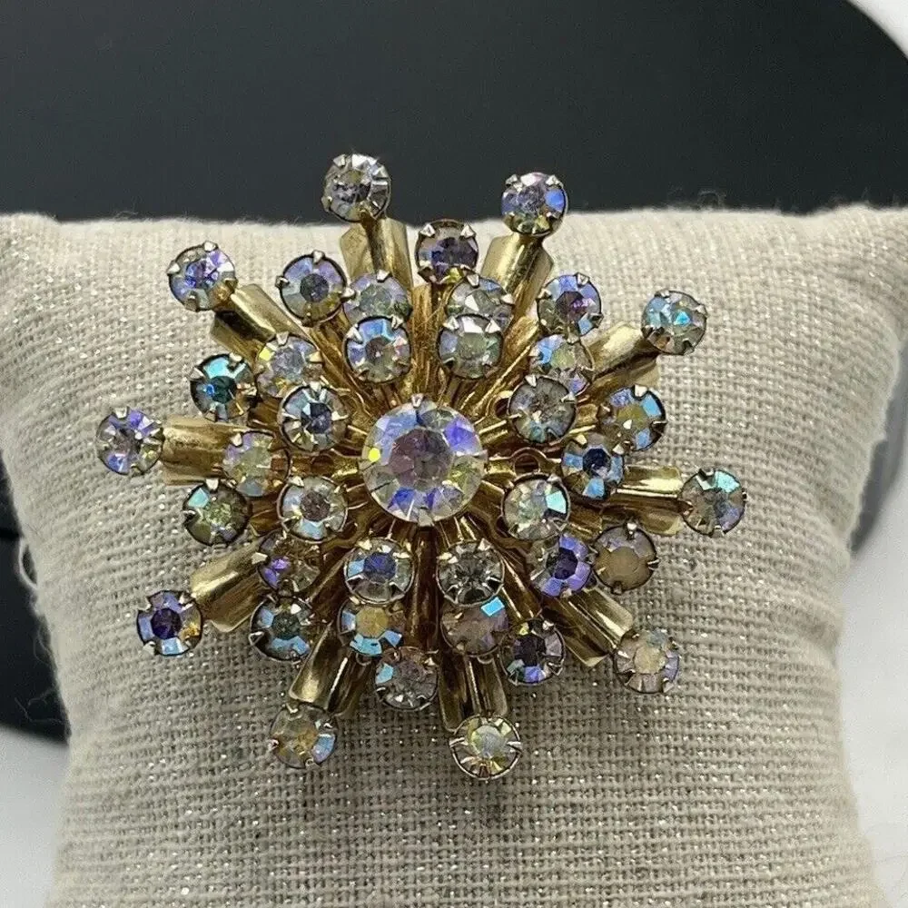 Vintage Aurora Borealis AB Rhinestone Starburst‎ Sunburst Brooch Pin